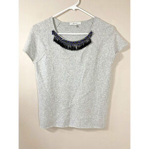 Milly Gray Short Sleeve Knit Top Embellished Black Blue Beads Size P(0-2)‎